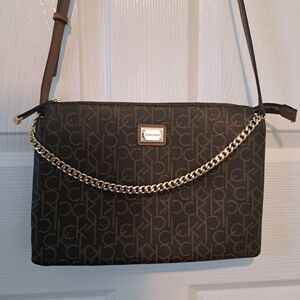 Calvin Klein Brown Monogram Crossbody with Gold Chain